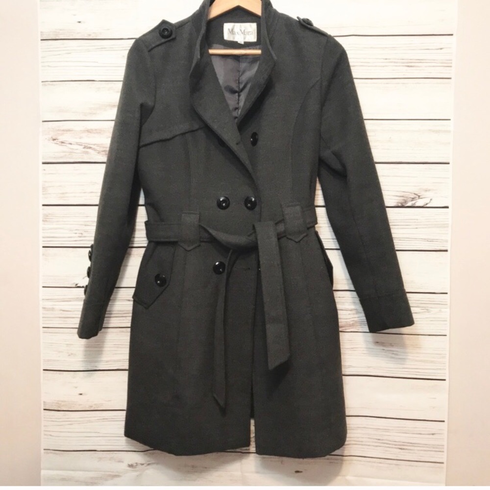 Max Mara Grey Belted Peacoat Long Jacket Large